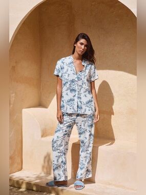 PIYAMA Maggie Summer Toile Aegean Blue Rayon Pajama Set Size M